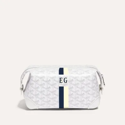 ボウリング25トイレタリーバッグ／ストライプ＆イニシャルつき - ホワイト