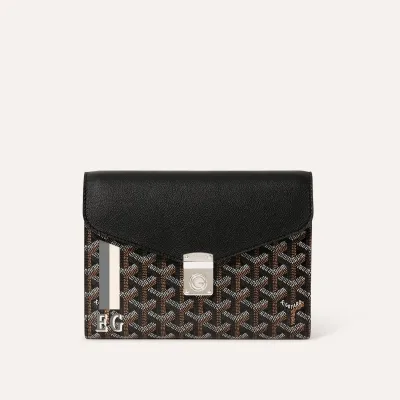 シープルポーチウォレット／ストライプ＆イニシャルつき - ブラック