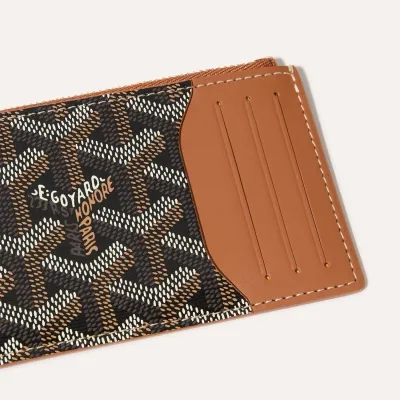 Porte-cartes zippé Bourbon Bandes et Initiales - Noir & Naturel