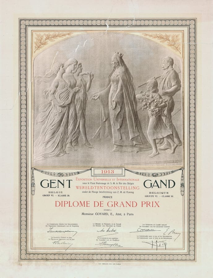 Diplôme de grand prix à l'exposition de Gand en 1913